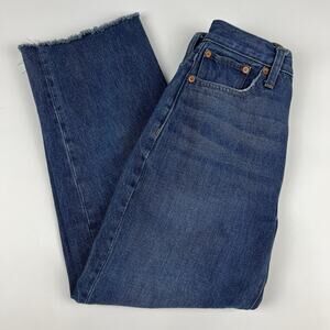 Madewell Baggy Straight Jeans Women 23 Blue High Rise Dark Wash Cut Hem Raw Edge